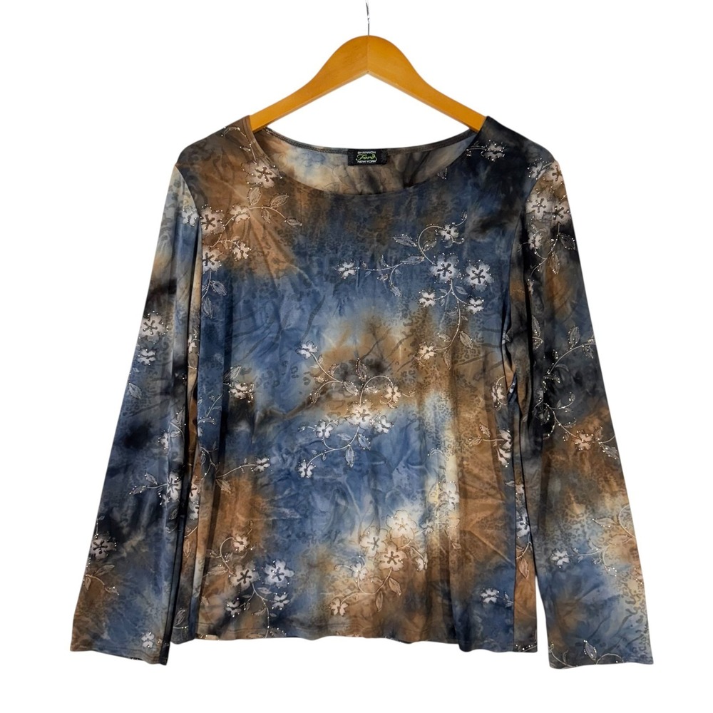 Shannon Ford Women's Top Large Blue Floral Print V-Neck Long Sleeve USA‎